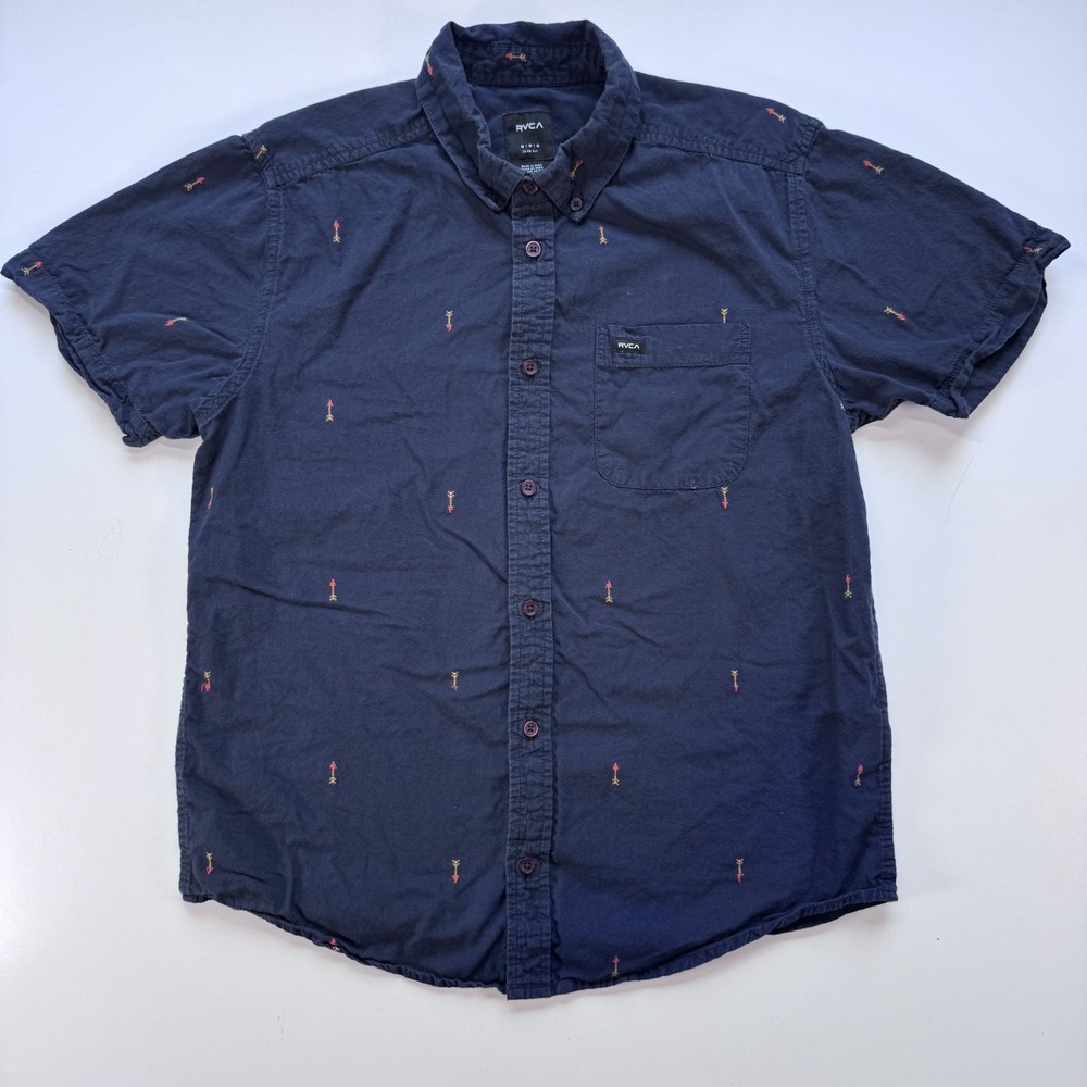 RVCA Short Sleeve Button Down Shirt Mens Medium Slim Fit Blue Arrow